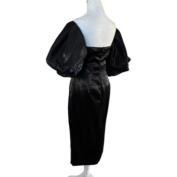 Beulah Style Black Off Shoulder Satin Midi Dress Puff Sleeves - Picture 8 of 16